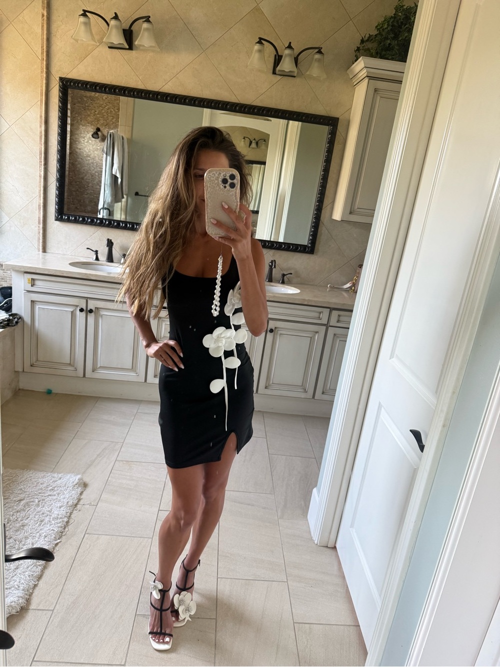 Black Floral Applique Mini Dress